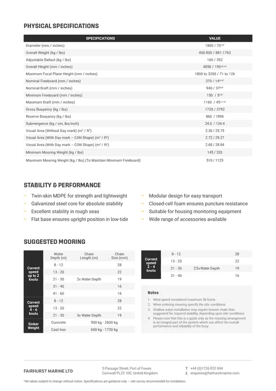 Fairhurst Marine FM-1800 buoy datasheet, physical specifications page