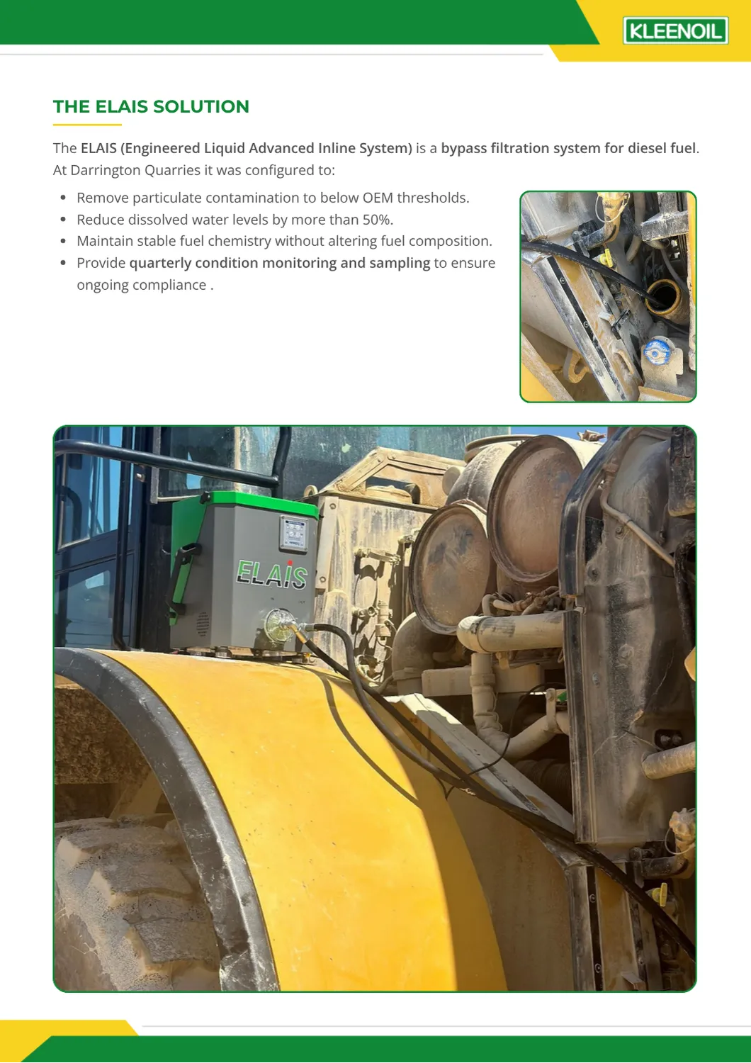 Kleenoil case study page describing the ELAIS bypass filtration system at a quarry