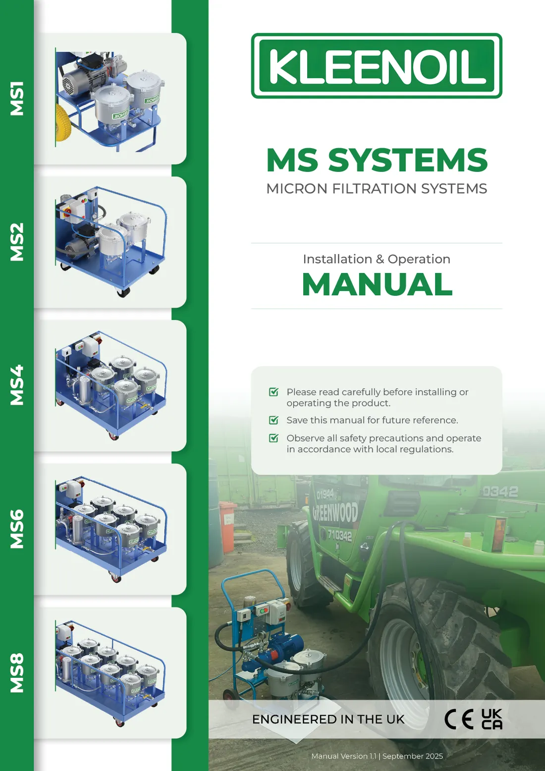 Kleenoil MS Systems installation and operation manual cover with the five models down the left edge