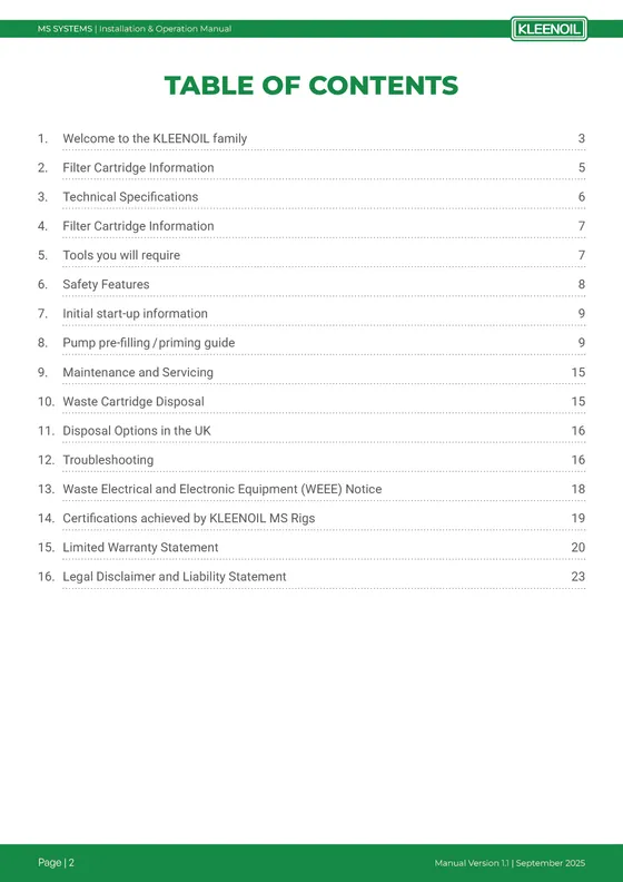 Kleenoil MS Systems manual, table of contents