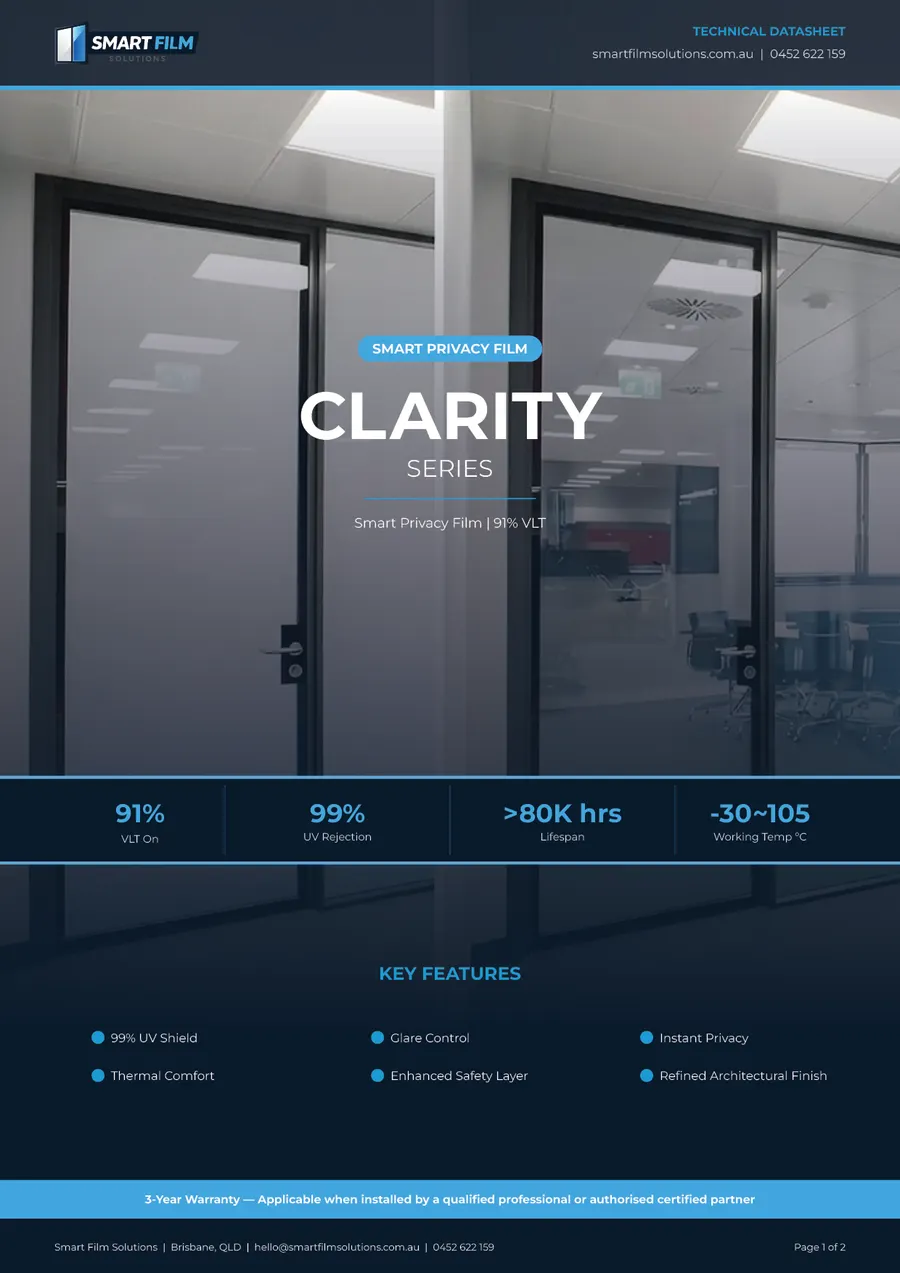 Smart Film Solutions technical datasheet, page 1 — Clarity Series smart privacy film