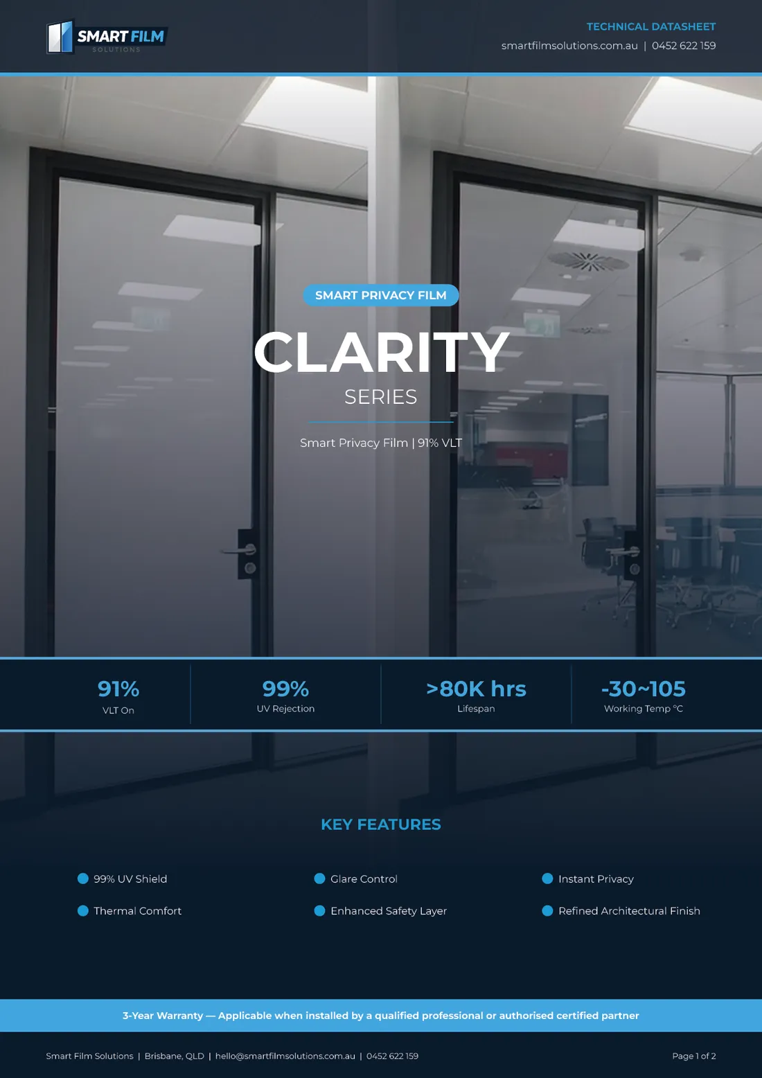 Smart Film Solutions Clarity Series datasheet, first page with key figures