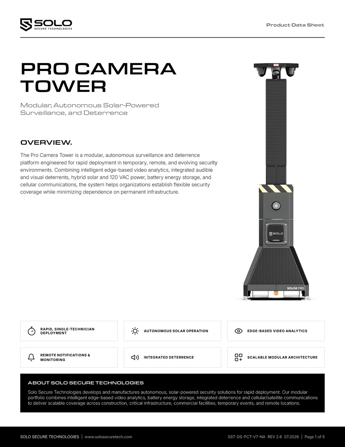 Solo Secure Pro Camera Tower datasheet, first page with overview and six key capabilities