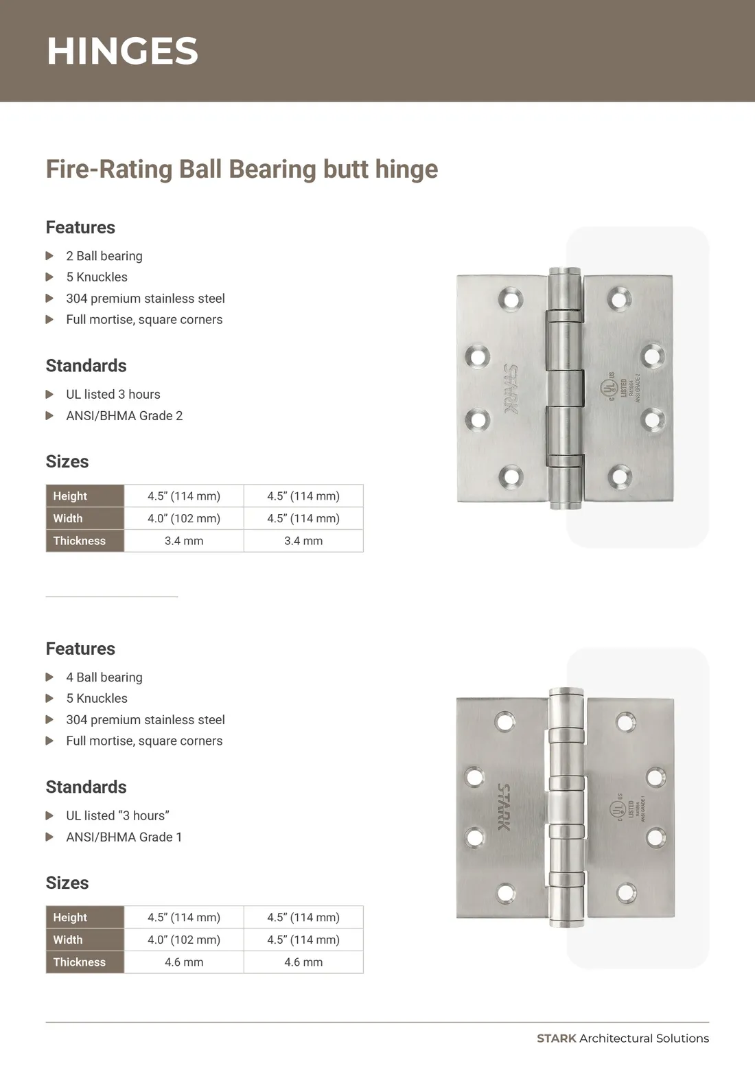 Stark catalog hinges page with features, standards and size tables