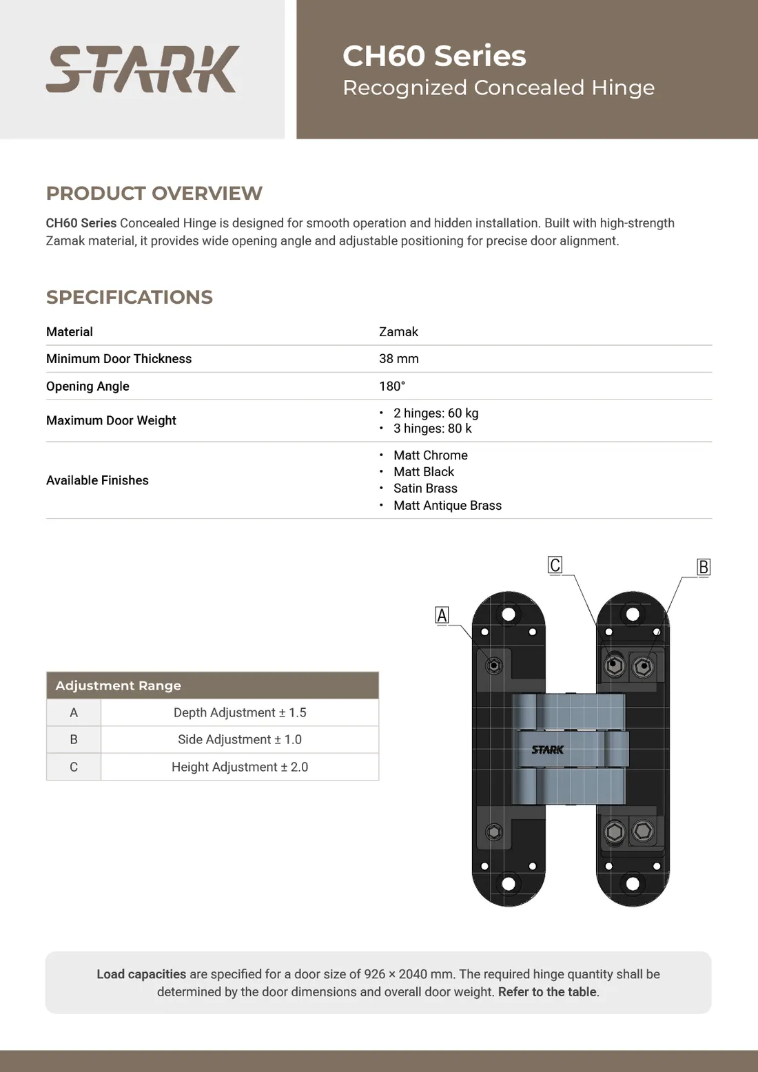 Stark CH60 concealed hinge datasheet with specification and adjustment tables