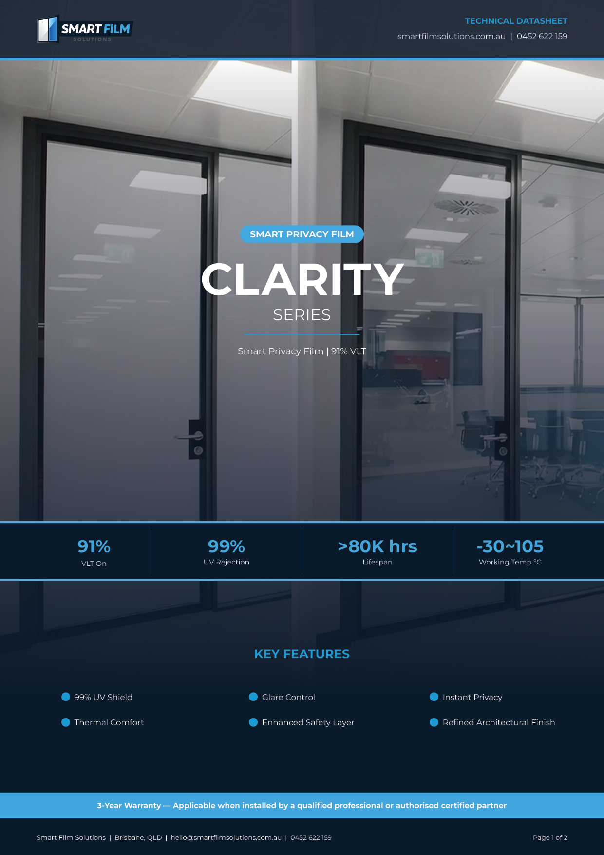 Smart Film Solutions technical datasheet, page 1 — Clarity Series smart privacy film